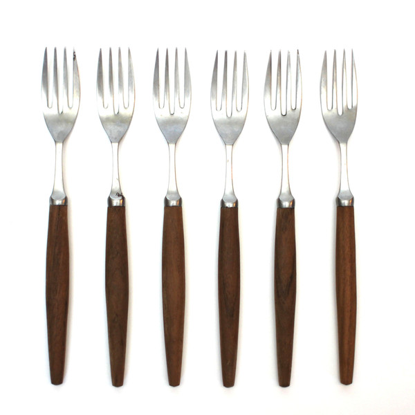 Teak Handled Dessert Forks, S/6